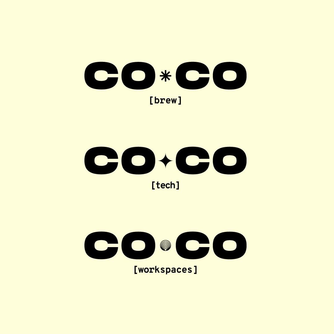 Co.Co Brew. Logo lockups across the brand's three verticals: brew, tech, and workspaces.