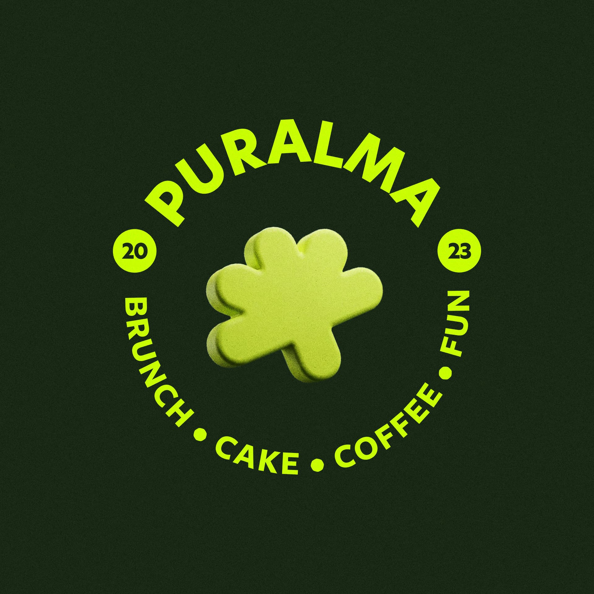 Puralma. A circular brand stamp with the flower mark, wordmark, and "Brunch, Cake, Coffee, Fun."