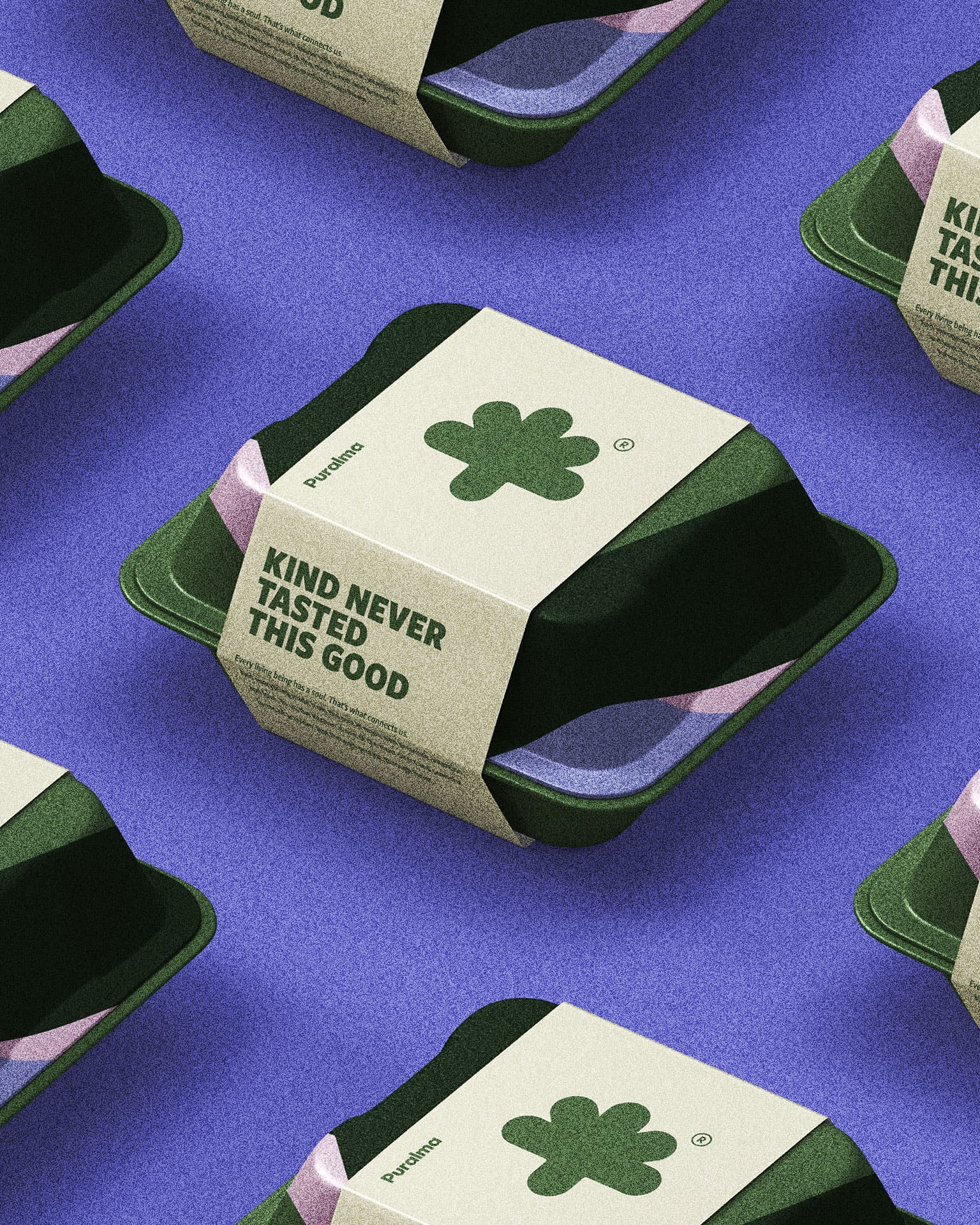 Puralma. Takeout containers banded with the flower mark, repeated in a grid.