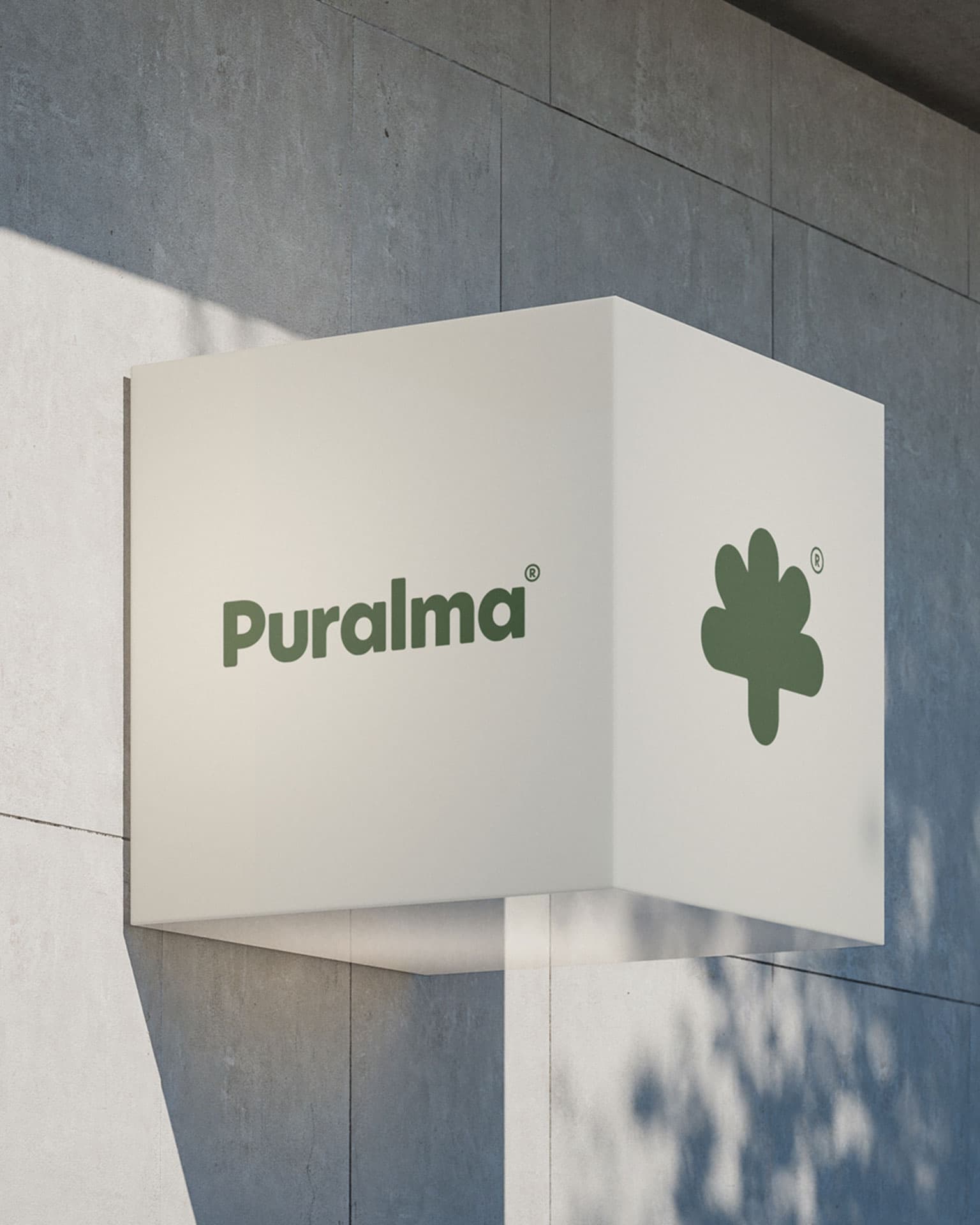 Puralma. Exterior signage with the wordmark and flower mark.