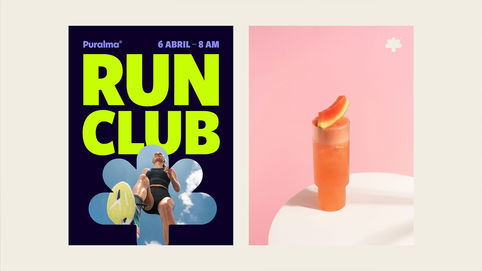 Puralma. A Run Club event poster beside a watermelon agua fresca.