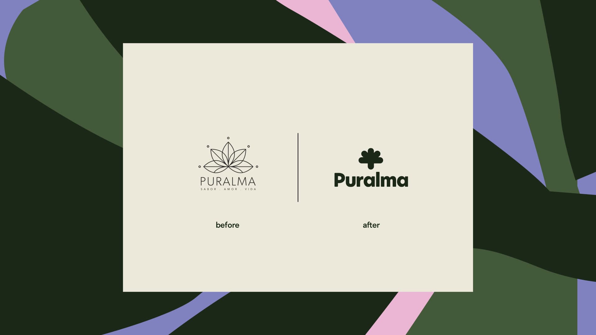 Puralma. A before and after comparison: the previous logo beside the new flower mark and wordmark.
