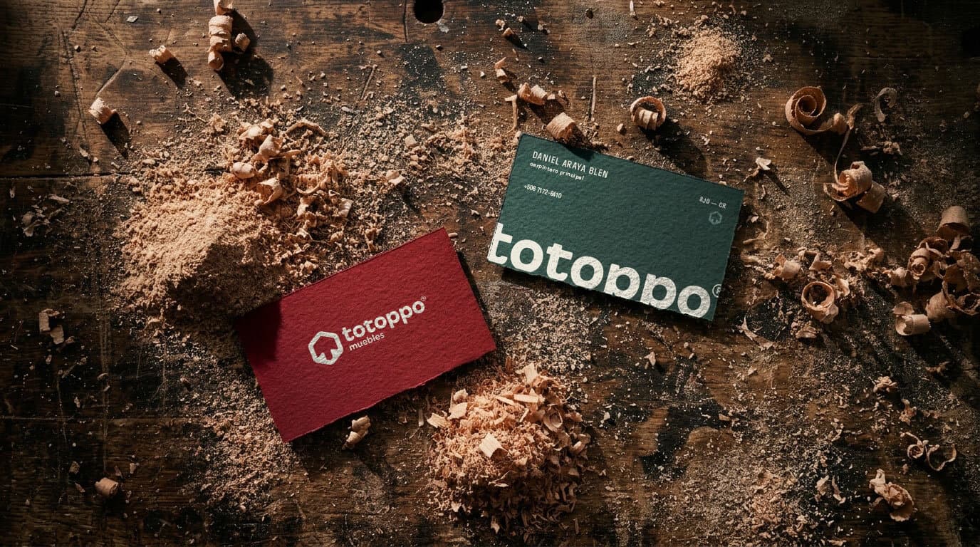 Totoppo. Business cards for the studio and its head carpenter, on a bed of wood shavings.